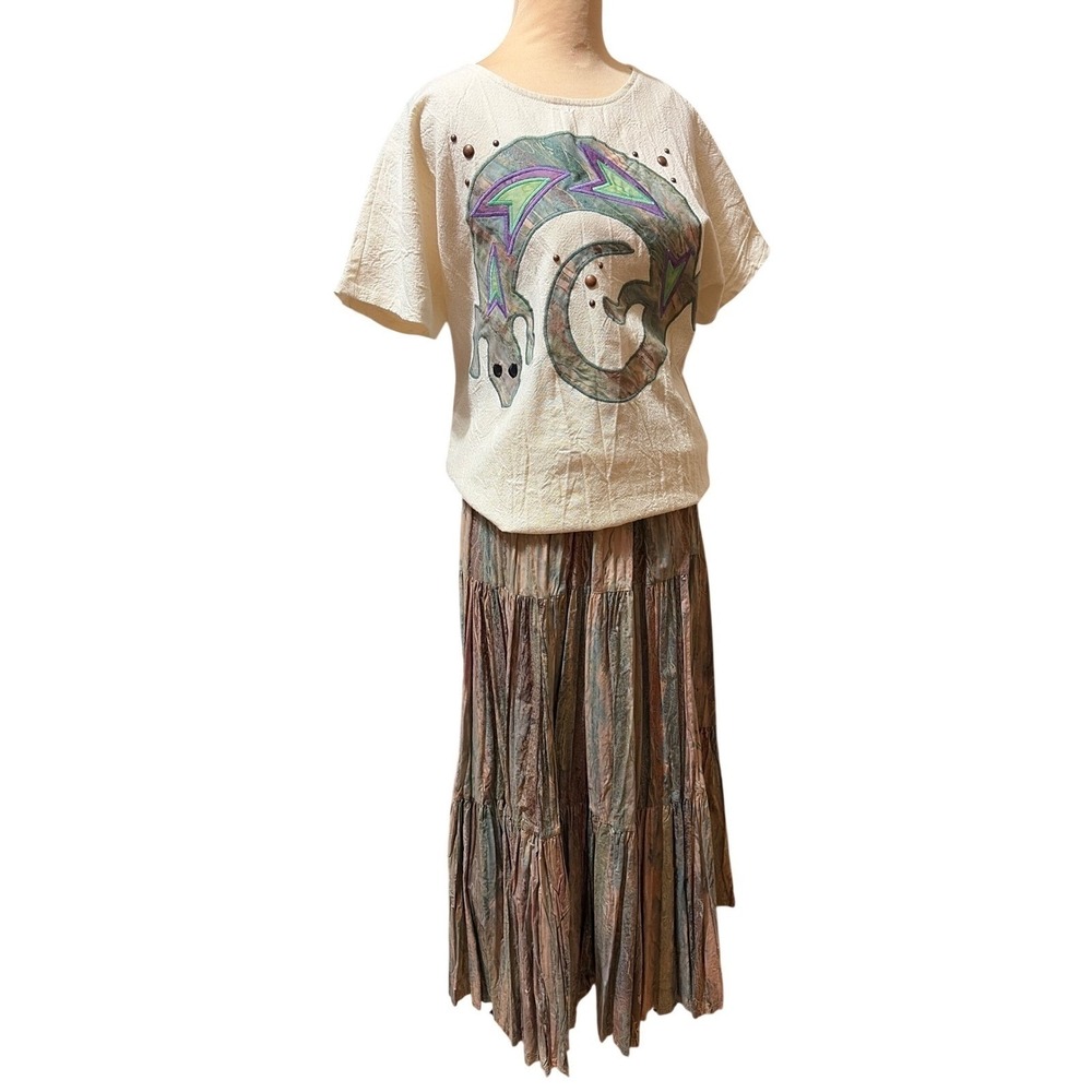 Vtg Alfredos Wife XS Artisan Gecko Appliqué Southwestern Broomstick Skirt Set